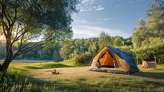 绿色草地上的帐篷春天露营摄影配图