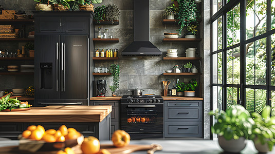 高端新中式展板摄影照片_黑色高端风格的厨房高清图片