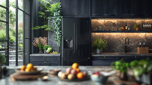 高端新中式展板摄影照片_黑色高端风格的厨房图片