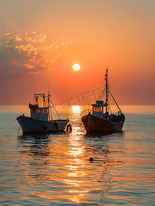 大海唯美背景摄影照片_夕阳大海与渔船