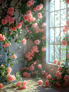 窗边粉红色的玫瑰照片