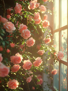 高清青草摄影照片_窗边粉红色的玫瑰高清图片