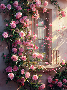 玫瑰花粥摄影照片_窗边粉红色的玫瑰摄影图