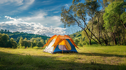 春游的摄影照片_绿色草地上的帐篷春天露营摄影图