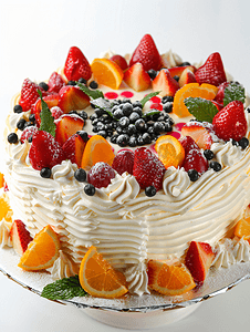 火龙果生日蛋糕摄影照片_奶油水果蛋糕