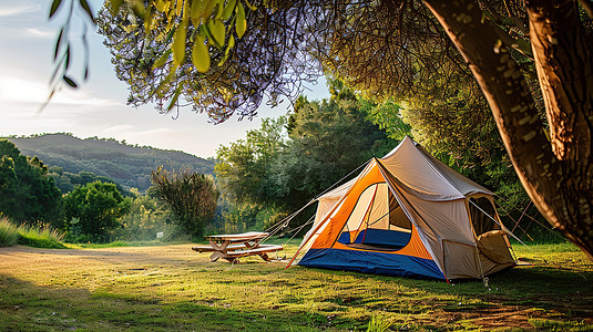 绿色草地上的帐篷春天露营摄影图