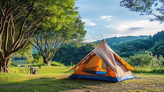 绿色草地上的帐篷春天露营高清图片