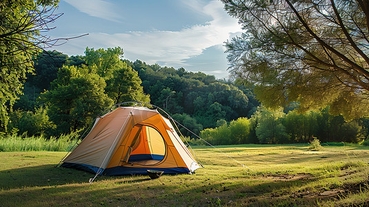 绿色草地上的帐篷春天露营摄影图