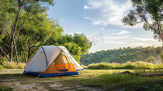 绿色草地上的帐篷春天露营高清摄影图