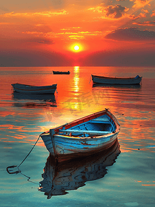夕阳大海与渔船