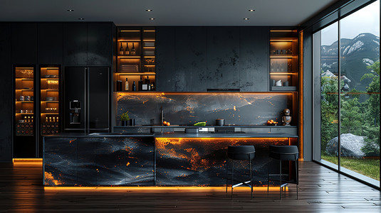 高端新中式展板摄影照片_黑色高端风格的厨房照片