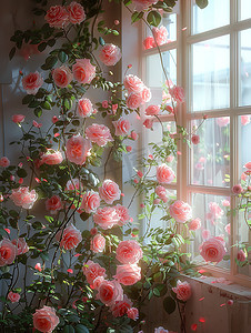 窗边粉红色的玫瑰摄影配图