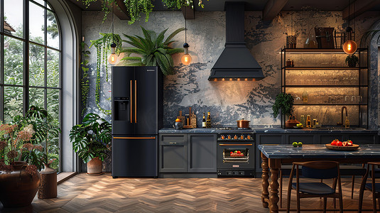 黑色高端风格的厨房高清摄影图