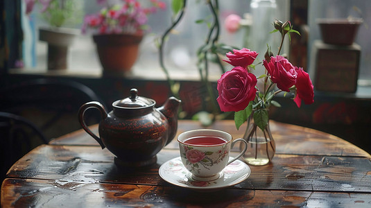 玫瑰花茶瓷器立体描绘摄影照片