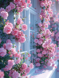 农村别墅高清大图三层摄影照片_窗边粉红色的玫瑰高清图片