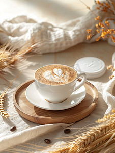 咖啡木盘摄影照片_木盘上的拿铁咖啡高清摄影图