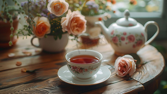 玫瑰花茶瓷器立体描绘摄影照片