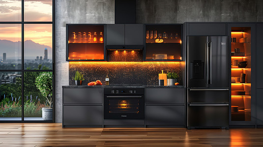 黑色高端风格的厨房高清图片