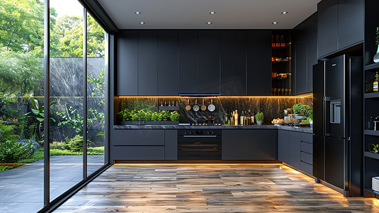 黑色高端风格的厨房摄影配图