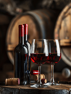 洋酒图片摄影照片_放在酒窖橡木桶前的红酒和盛有红酒的红酒杯