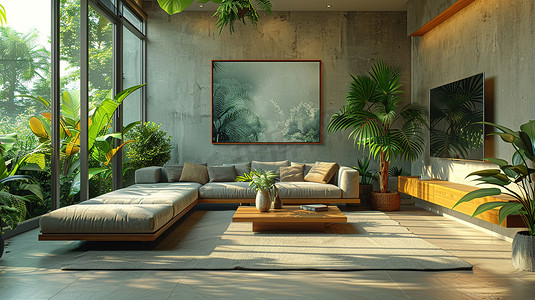 宽敞简约的客厅绿植盆栽高清摄影图