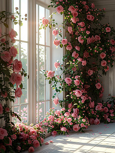 玫瑰摄影照片_窗边粉红色的玫瑰摄影配图