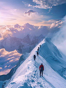 户外攀登摄影照片_攀登雪山的团队