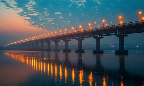 夕阳晚霞下的武汉鹦鹉洲大桥夜景