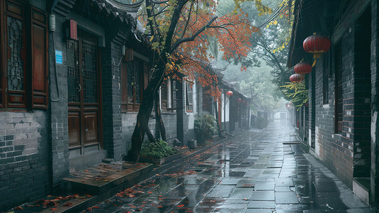 雨季古建筑街道的摄影1照片