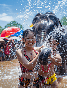 全员狂欢摄影照片_泼水节大象庆祝传统节日庆典