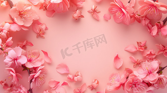 春天粉色平铺树枝花朵的摄影16高清摄影图