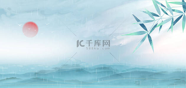 背景图片_清明节山水树叶蓝色中国风背景