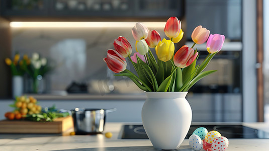 白色厨房桌面上花瓶花朵的摄影13