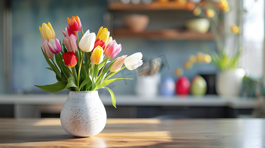 白色厨房桌面上花瓶花朵的摄影9