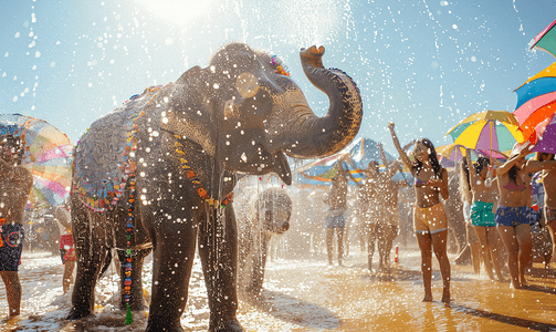 傣族卡通摄影照片_泼水节大象庆祝传统节日庆典