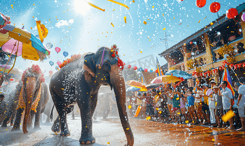 节日庆典摄影照片_泼水节庆祝传统节日庆典大象