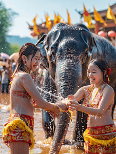 傣族文化摄影照片_泼水节大象庆祝传统节日庆典傣族姑娘