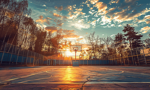 打篮球剪影ai摄影照片_夕阳下的篮球场