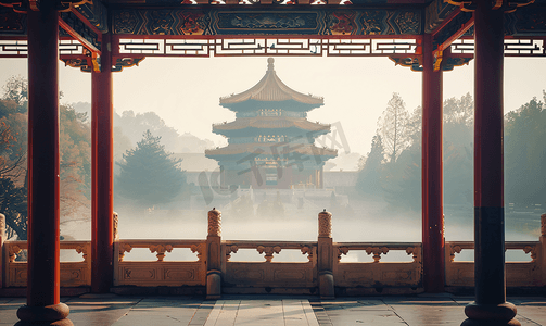 中国风云纹背景摄影照片_简约中国古建筑拱门背景