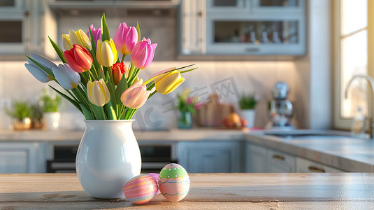 白色厨房桌面上花瓶花朵的摄影15