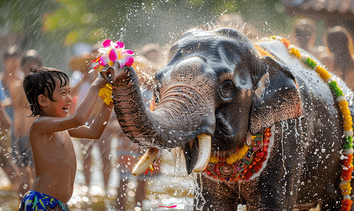 民族团结板报摄影照片_泼水节庆祝传统节日庆典大象小男孩