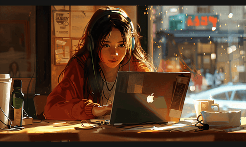 咖啡店青春女孩看电脑