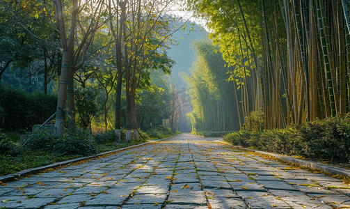 徽派石板路摄影照片_幽静的蜀南竹海竹林石板路