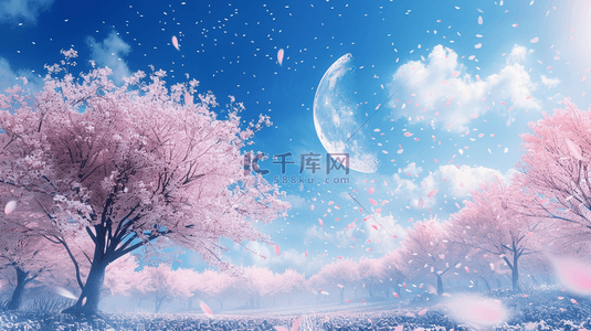 自然粉色背景图片_粉蓝色树木唯美月亮天空的背景