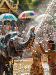 泼水节大象庆祝传统节日庆典傣族姑娘