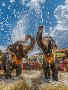 我国传统节日摄影照片_泼水节大象庆祝传统节日庆典