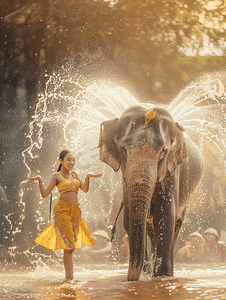 泼水节美女大象庆祝传统节日庆典