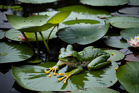 荷塘上的青蛙摄影照片_绿色荷叶上的青蛙摄影配图0