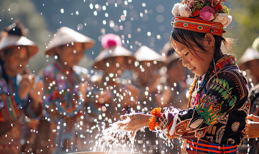 西双版纳泼水节泼水活动傣族姑娘