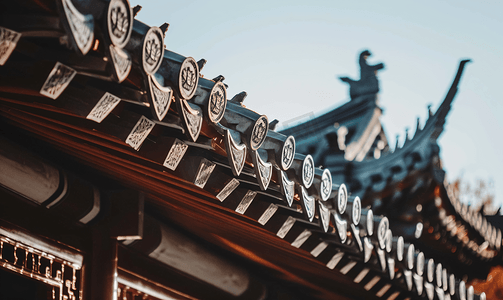 中式花纹复古边框标题栏摄影照片_中式建筑屋檐特写